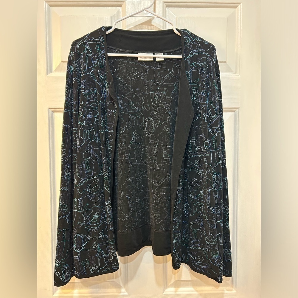 Chico's Travelers Art To Wear Cardigan Embroidered‎ Pencil Drawings Women Sz XL